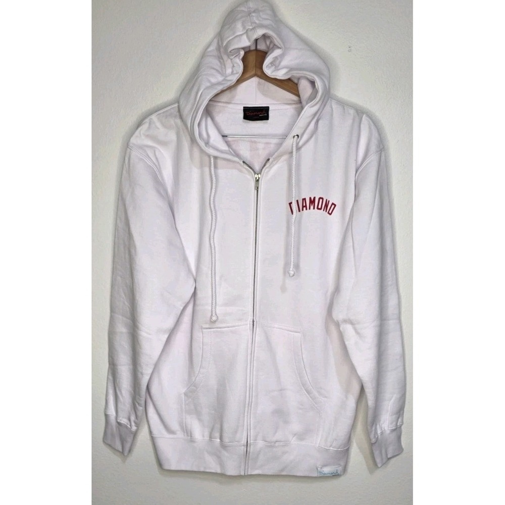 New Diamond Supply Men M White Red Hoodie Sweatshirt Full Zip Skate Surf‎ Cali